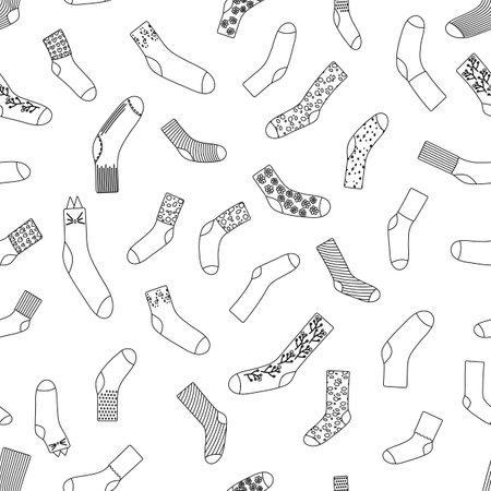 Seamless pattern with doodle socks. Wool, cotton warm accessories with modern patterns. Unisex clothes. Black outline isolated on white background. Vector illustrationのイラスト素材