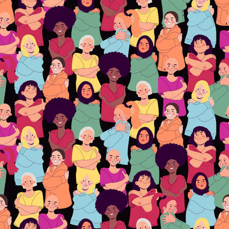 Embrace equity seamless pattern with girls vector illustration. Diverse women hugging herself. International womens day campaign. Isolated on black backgroundのイラスト素材