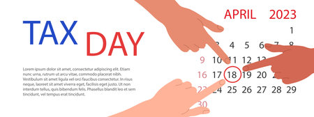 Tax day April 2023. Diverse hands point the date in calendar. Horizontal banner, poster template. Blue and red typography with copy space for text Vector illustrationのイラスト素材