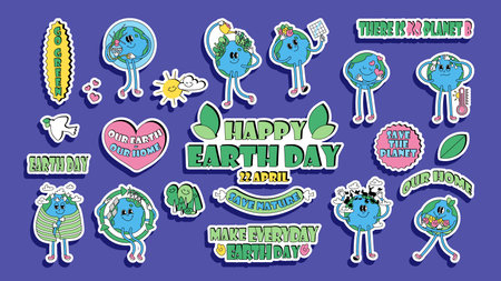 Earth day stickers set. Modern vintage and retro style collection with Earth globe characters. Cute cartoon planet with ecology symbols and signs. Vector illustrationのイラスト素材