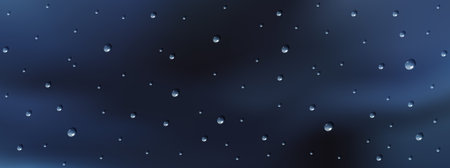 Raindrops background with water drops. Thunderclouds backdrop. Liquid droplets isolated on dark blue blurred gradient. Poster, banner template Vector illustrationのイラスト素材