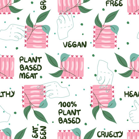 Seamless pattern with plant based meat. Vegan sausages and green leaves. Healthy vegetarian frankfurter and handwritten phrases. Cruelty free food. Vector illustrationのイラスト素材
