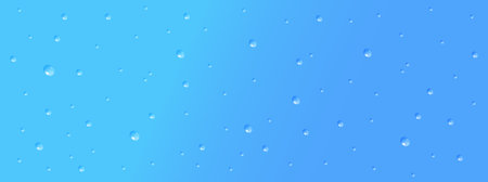 Water drops on blue background vector illustration. Liquid droplets isolated on blue gradient backdrop. Horizontal poster, banner template Vector illustrationのイラスト素材