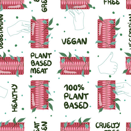 Seamless pattern with plant based meat. Vegan mince. Healthy vegetarian ingredient, handwritten phrases and green leaves. Cruelty free food. Vector illustrationのイラスト素材