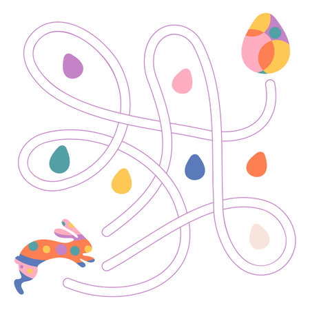 Labyrinth for kids with with Easter bunny and eggs. Maze game for preschool children. Find way, simple matching game. Vector illustration isolated on white backgroundのイラスト素材