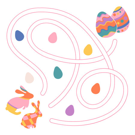 Labyrinth for kids with with Easter bunnies and eggs. Maze game for preschool children. Simple matching game. Vector illustration isolated on white backgroundのイラスト素材