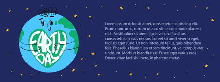 Earth day background with Earth globe character. Cute doodle planet with green heart and handwritten phrase. Star pattern. Poster, banner template Vector illustrationのイラスト素材