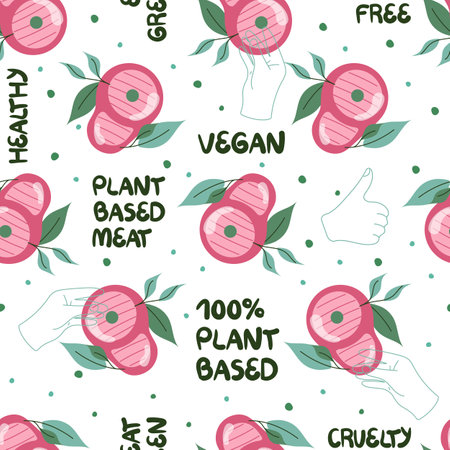 Seamless pattern with plant based meat. Vegan steak. Healthy vegetarian ingredient and handwritten phrases. Cruelty free food. Vector illustrationのイラスト素材