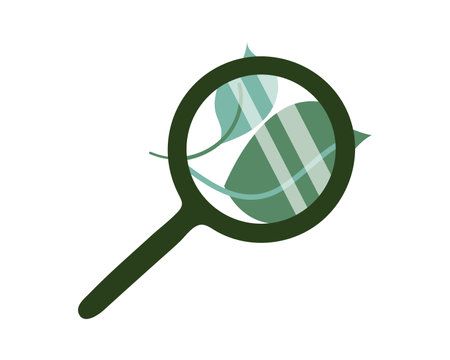 Green leaves under magnifying glass. Plant based food concept. Science, research symbol. Vector illustration isolated on transparent backgroundのイラスト素材