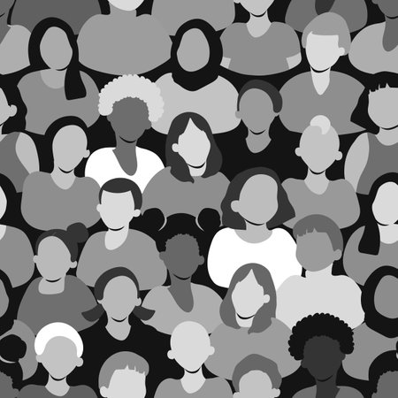 Seamless pattern with diverse people. Faceless portraits of men and women. Group of various male and female characters. Black and white print. Vector illustrationのイラスト素材