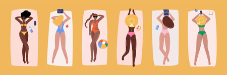 Diverse women sunbathing at beach. Young female characters lying on towels and blankets, relax. Summer vacation at seashore. Top view. Vector illustrationのイラスト素材