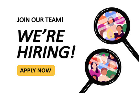 Were hiring background template with diverse people under magnifying glass. Applying for job online, recruitment concept. Vector illustration isolated on white backdropのイラスト素材