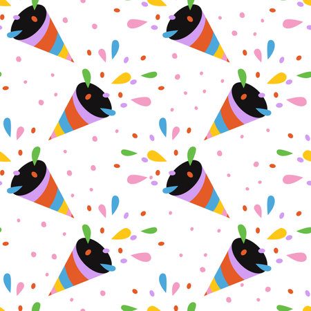 Seamless pattern with exploding party popper. Cartoon firecracker with colorful confetti. Hand drawn petard. Birthday, event, holiday print. Vector illustrationのイラスト素材