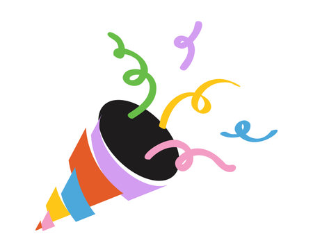 Exploding party popper. Firecracker with colorful streamers. Hand drawn petard. Birthday, event, holiday symbol. Vector illustration isolated on white backgroundのイラスト素材