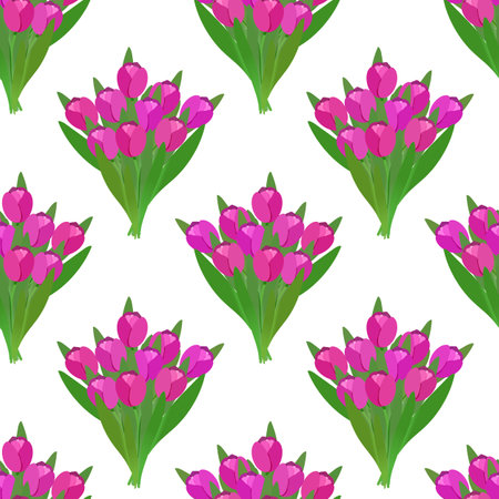 Seamless pattern with bouquets of pink tulips. Bunch of freshly cut flowers. Spring symbol. Floral print with green leaves. Vector illustrationのイラスト素材