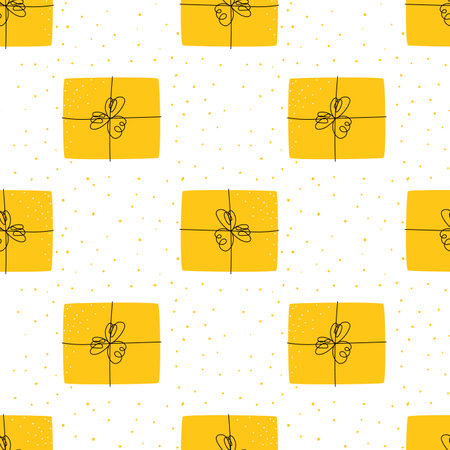 Seamless pattern with gift boxes. Graphic print with doodle presents. Hand drawn packaging with dots, confetti, line ribbons. Yellow color. Vector illustrationのイラスト素材
