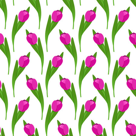 Seamless pattern with pink tulips. Freshly cut flowers. Spring symbol. Floral print with green leaves. Vector illustration for wrapping, fabric, textile and packagingのイラスト素材