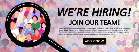 Were hiring background template with diverse people under magnifying glass. Applying for job online, recruitment concept. Join our team. Copy space. Vector illustrationのイラスト素材