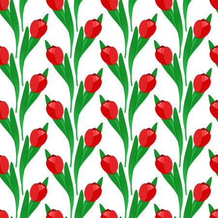 Seamless pattern with red tulips. Flowers in a rows. Spring symbol. Floral print with green leaves. Vector illustration for wrapping, fabric, textile and packagingのイラスト素材