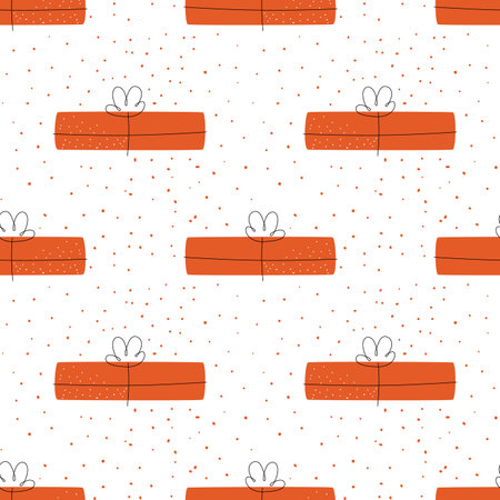 Seamless pattern with gift boxes. Graphic print with doodle presents. Hand drawn packaging with dots, confetti, line ribbons. Orange color. Vector illustrationのイラスト素材