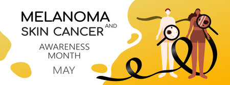 May is melanoma and skin cancer awareness month background template with male and female characters checked moles, birthmarks under magnifying glass. Vector illustrationのイラスト素材