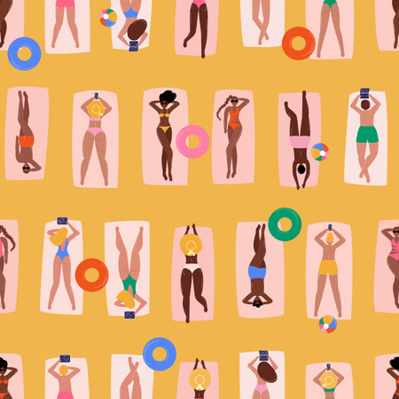 Seamless pattern with diverse people sunbathing at beach, relax. Men and women in bikini lying on towels, blankets. Inflatable swimming rings. Top view. Vector illustrationのイラスト素材