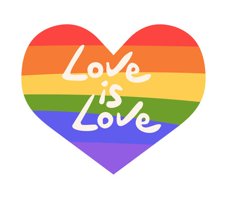 LGBT rainbow flag heart. Hand drawn Pride month symbol with handwritten phrase Love is love quote. Emblem, sticker. Vector illustration isolated on transparent backgroundのイラスト素材