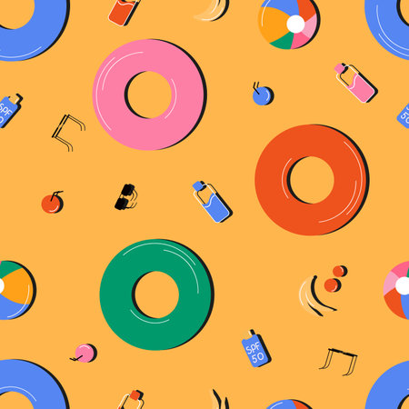 Seamless pattern with swim rings and balls. Bottles of water, sunglasses, sunscreen and fruits lying on sand, beach. Blue, orange, green colors. Vector illustrationのイラスト素材