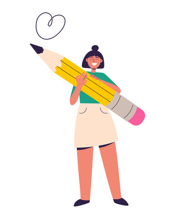 Happy woman holding big pencil. Successful student, artist, writer standing with large pencil. Work passion and creativity concept. Flat cartoon vector illustrationのイラスト素材