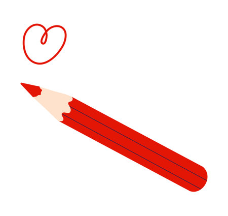 Red colored pencil with doodle heart. Crayon drawing, scribble. Art, creating, education, love concept. Vector illustration isolated on transparent backgroundのイラスト素材