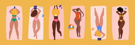Diverse women sunbathing at beach. Young female characters, girls in bikini lying on towels and blankets, relax. Summer vacation at seashore. Top view. Vector illustrationのイラスト素材