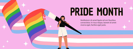 Pride month background with character painting rainbow and transgender flag. LGBT symbol, tolerance concept. Poster template with copy space for text Vector illustrationのイラスト素材