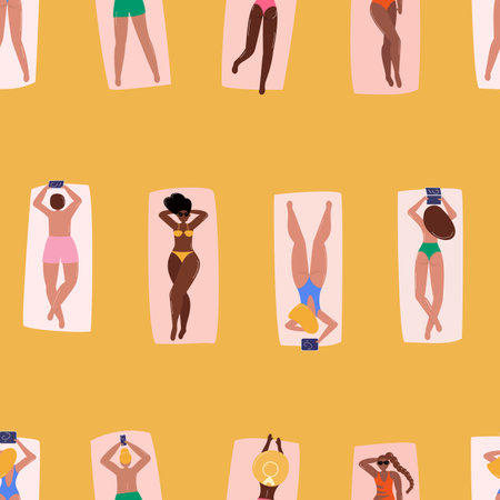 Seamless pattern with people sunbathing at beach. Diverse men and women in bikini lying on towels, relax. Summer vacation at seashore. Top view. Vector illustrationのイラスト素材