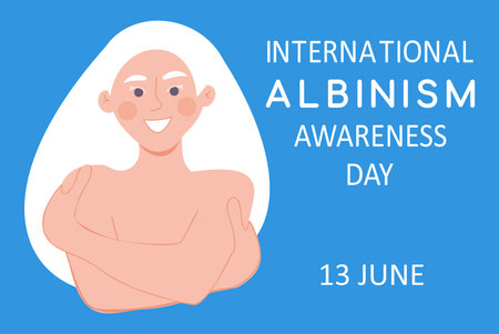 International Albinism awareness day. 13 June. Albino woman embrace herself. Self love, equality concept. Poster, banner template. Vector illustrationのイラスト素材
