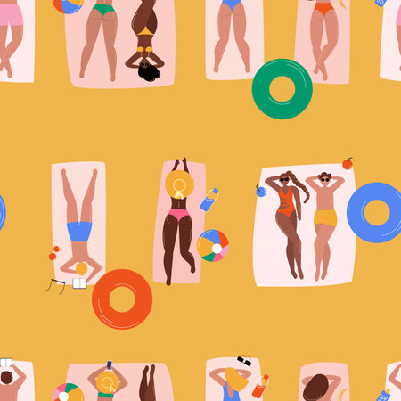 Seamless pattern with people sunbathing at beach. Diverse men and women, couples in bikini lying on towels, relax. Inflatable swimming rings, balls. Vector illustrationのイラスト素材