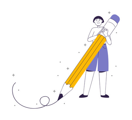 Student holding big pencil. Happy young character, artist, writing with huge pencil. Back to school and education, knowledge concept. Line flat vector illustrationのイラスト素材