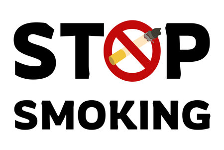 Stop smoking poster with crossed out cigarette and bold typography. Horizontal banner, flyer template with prohibiting sign. Vector illustration isolated on white backdropのイラスト素材