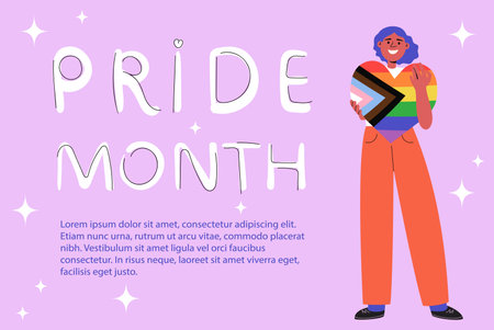 Character holding heart shaped LGBTQ flag, Pride month concept. Poster, banner template with hand drawn text, copy space. Cartoon flat vector illustrationのイラスト素材