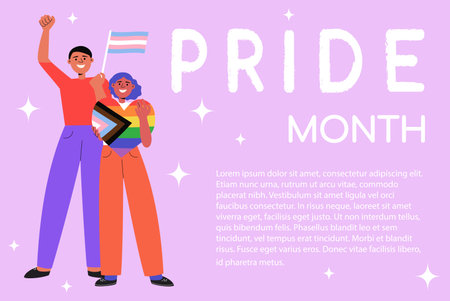 Characters holding LGBT placard, quote Love is love. Pride month concept. Poster, banner template with typography, copy space for text. Cartoon flat vector illustrationのイラスト素材