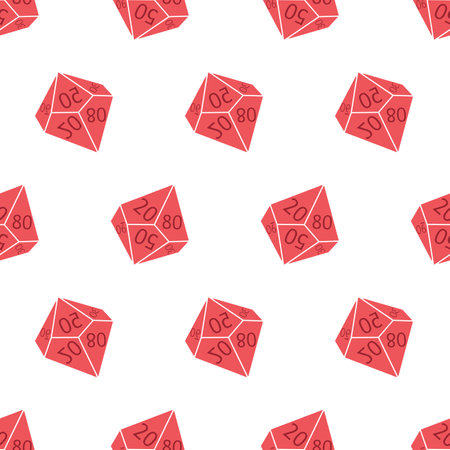 Seamless pattern with D100 dices. Polyhedral dices for rpg tabletop games. Red objects isolated on white background. Vector illustration for print, tee, packagingのイラスト素材
