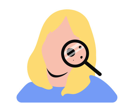 Melanoma diagnosis, dermatology examination, skin cancer prevention icon. Faceless woman character checking moles, birthmarks under magnifier. Vector illustrationのイラスト素材