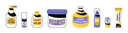 Set of sunscreen cosmetic bottles with SPF. Collection of creams, lotion and spray with sunblock. Summer skincare and protection concept. Flat modern vector illustrationのイラスト素材