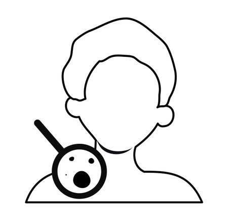 Melanoma diagnosis, dermatology examination, skin cancer prevention line icon. Faceless man checking moles, birthmarks under magnifier. Vector illustrationのイラスト素材