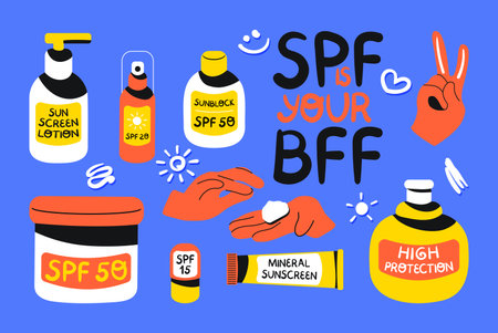 Sun safety collection. Set of sunscreen cosmetic bottles with SPF, hands applying sunblock lotion, smears of cream. Summer skincare and protection concept. Flat vector illustrationのイラスト素材