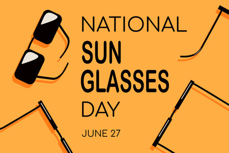 National sunglasses day poster template with black glasses lying on sand. Vector illustration isolated on yellow backgroundのイラスト素材