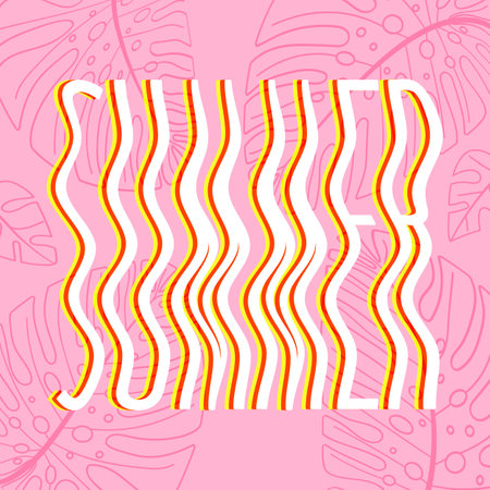 Summer quote groovy lettering poster with contour monstera leaves. Square banner template for social media, print, tee, with psychedelic wavy text. Vector illustrationのイラスト素材