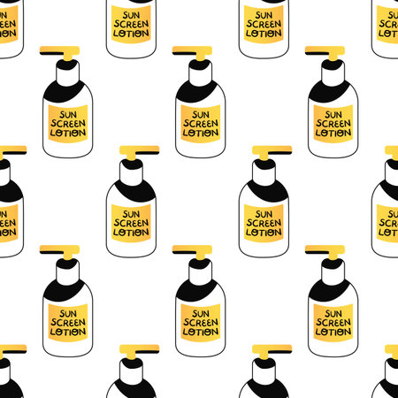 Sunscreen lotion bottle seamless pattern. Abstract liquid cream with SPF. Yellow, black and white....