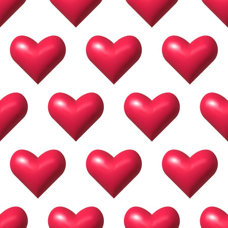 Seamless pattern with red hearts 3d. Shining realistic symbol of love, romantic sign. Vector illustration for wrapping paper, fabric, textile, packagingのイラスト素材