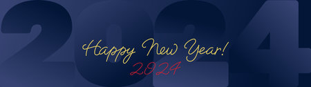 2024 Happy New Year blue gradient background. Handwritten golden and red typography and gradient numbers. Greeting banner, poster template. Vector illustrationのイラスト素材