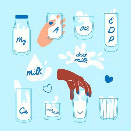 Glasses of milk set. Diverse hands holding containers with white liquid. Dairy product nutrition. Flat modern vector illustration isolated on blue backgroundのイラスト素材